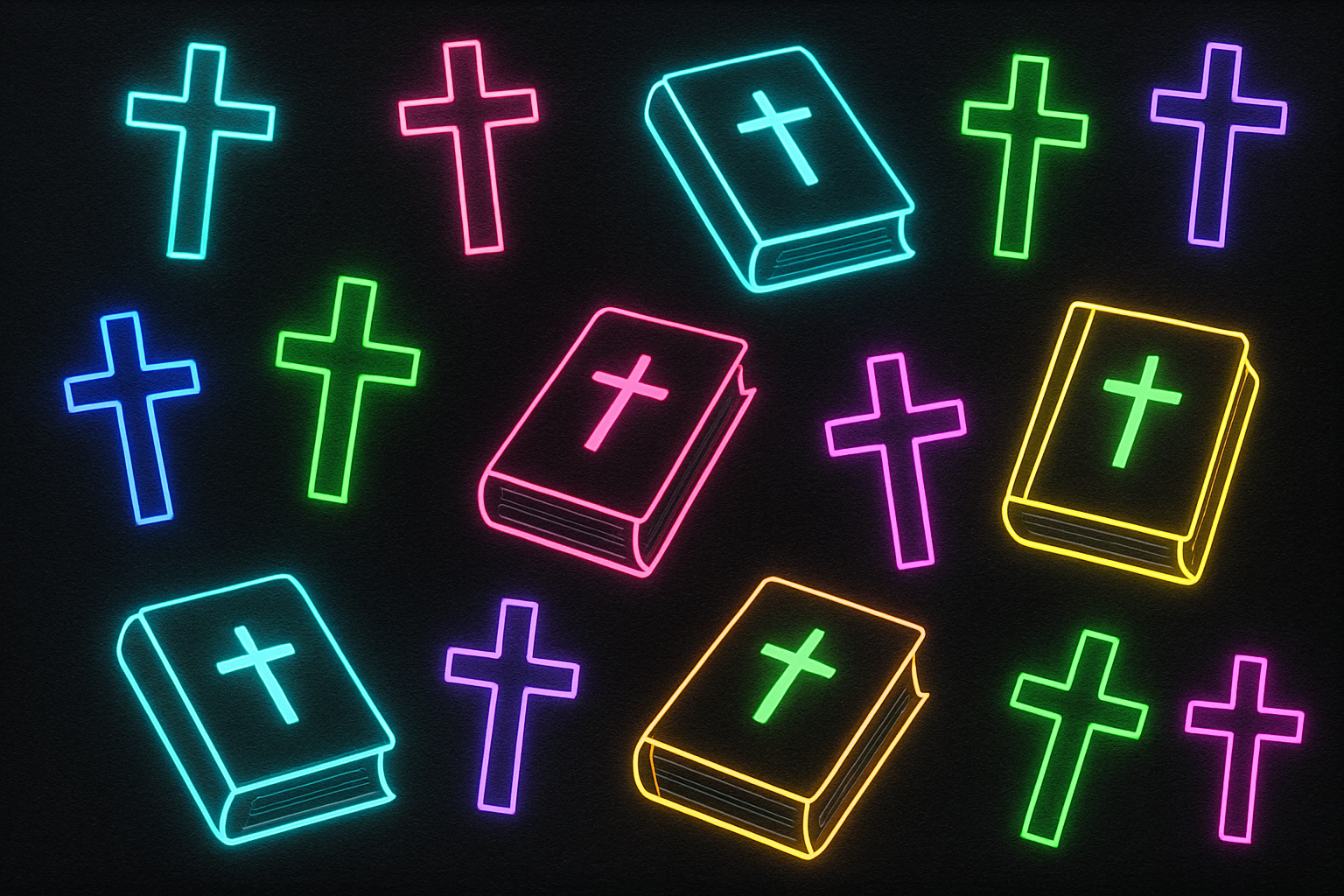 black canvas with neon crosses and bibles